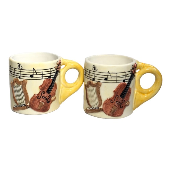 Vintage Coffee Mugs Hand Painted Set of 2 Orchestra Symphony Musical Instruments - Picture 2 of 8